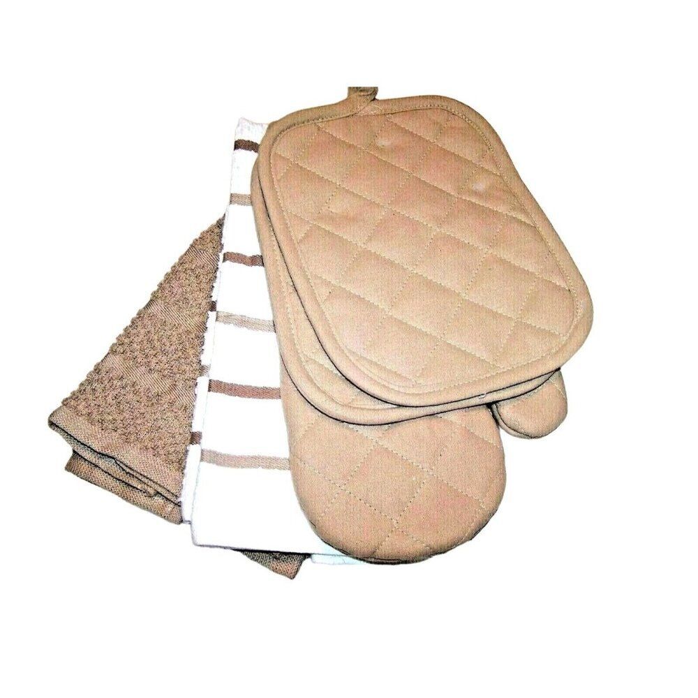 Brown White Tan Kitchen Towels Oven Mitt Potholders 5-Pc Cotton Solid Stripe NEW